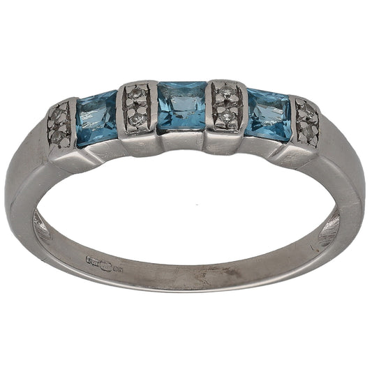 Half eternity ring with square blue topaz stones and small round diamond accents