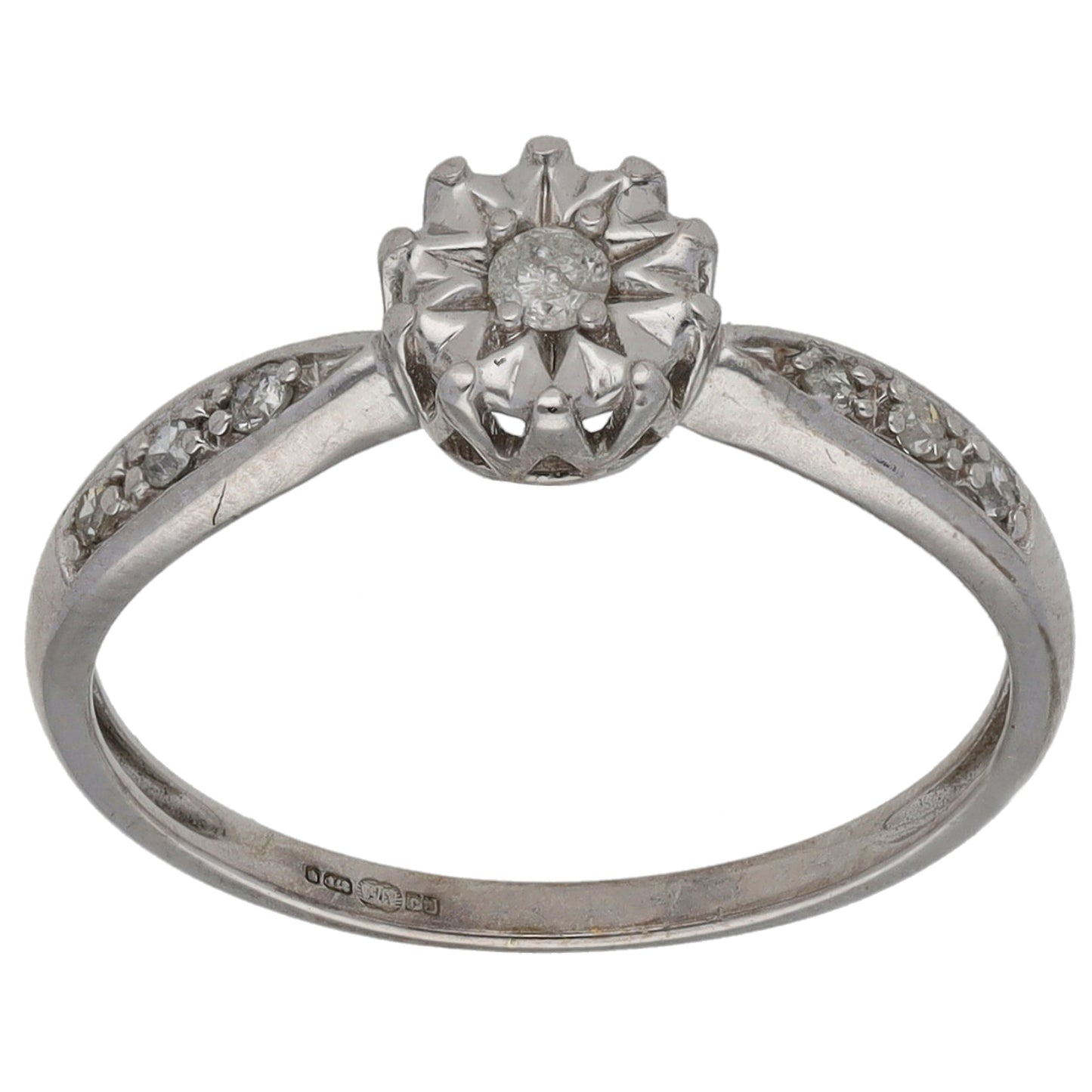 9ct White Gold 0.10ct Diamond Solitaire Ring With Accent Stones Size L