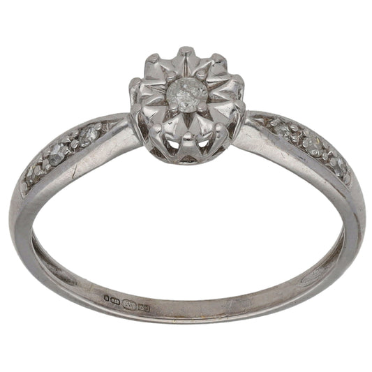 9ct White Gold 0.10ct Diamond Solitaire Ring With Accent Stones Size L