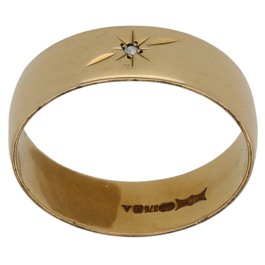 9ct Gold 0.01ct Diamond Patterned Single Stone Wedding Ring Size M