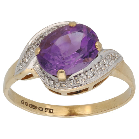 9ct Gold Amethyst & 0.02ct Diamond Dress/Cocktail Ring Size O