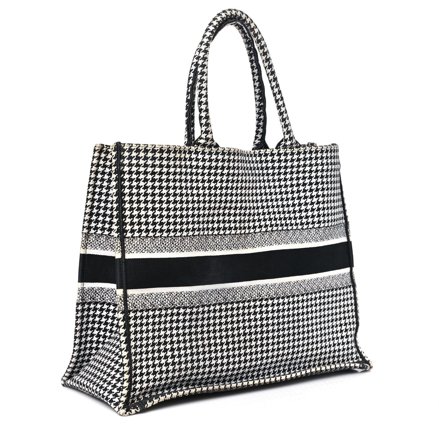 Christian Dior Book Tote Houndstooth Embroidered Canvas Bag - Black & White