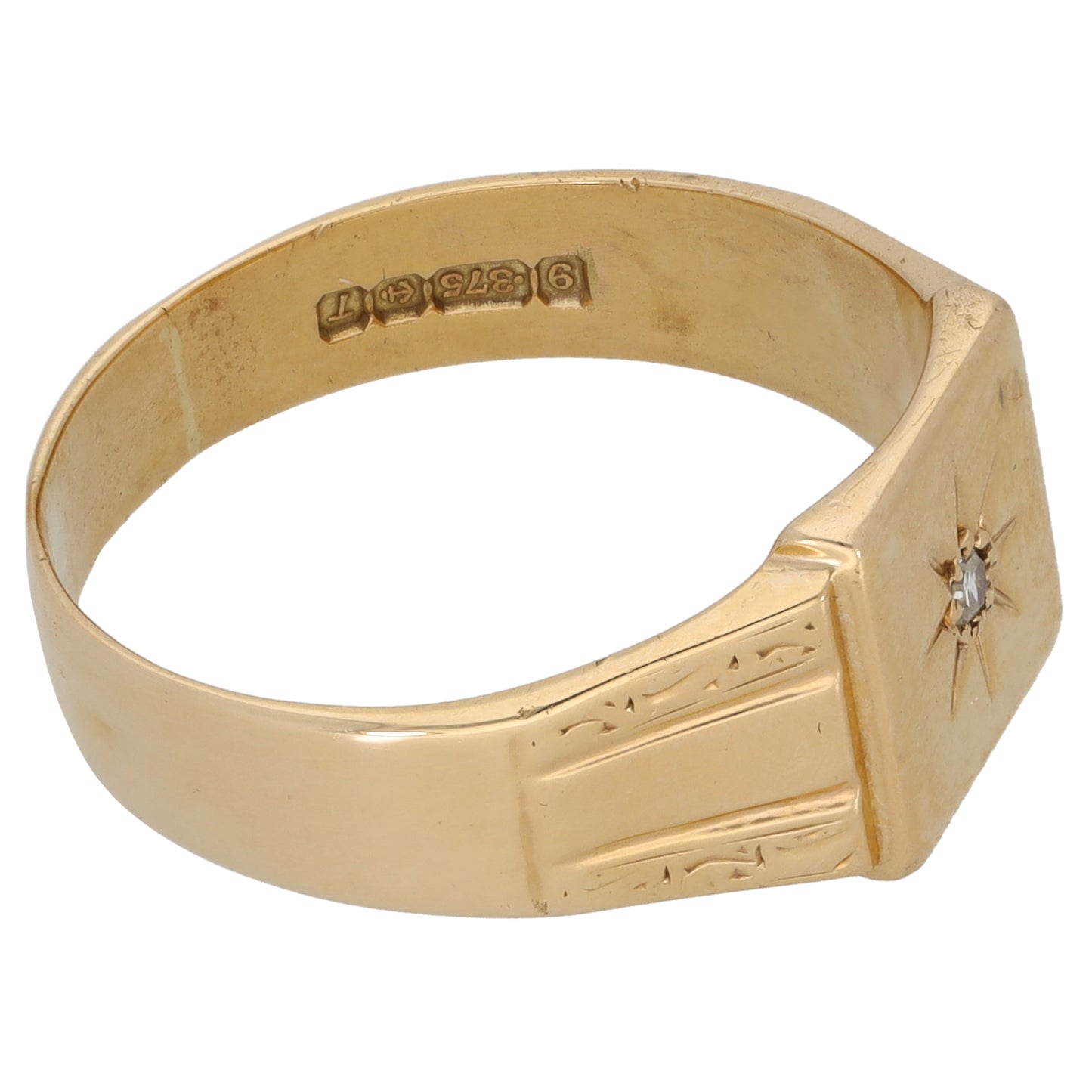 9ct Gold 0.03ct Diamond Patterned Signet Ring Size V