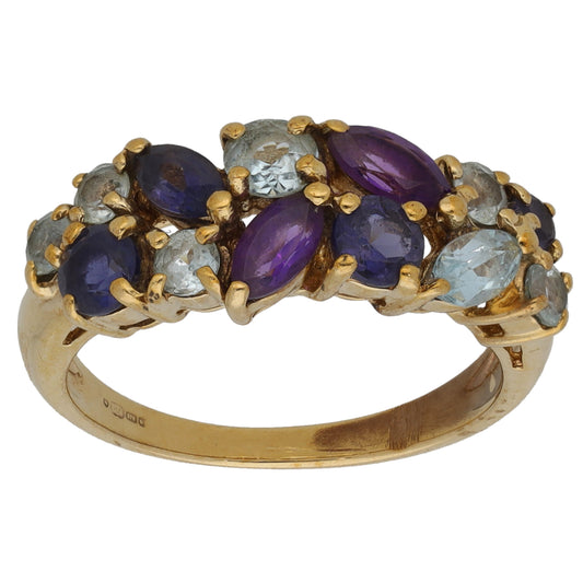 9ct Gold Amethyst, Topaz & Iolite Dress/Cocktail Ring Size L
