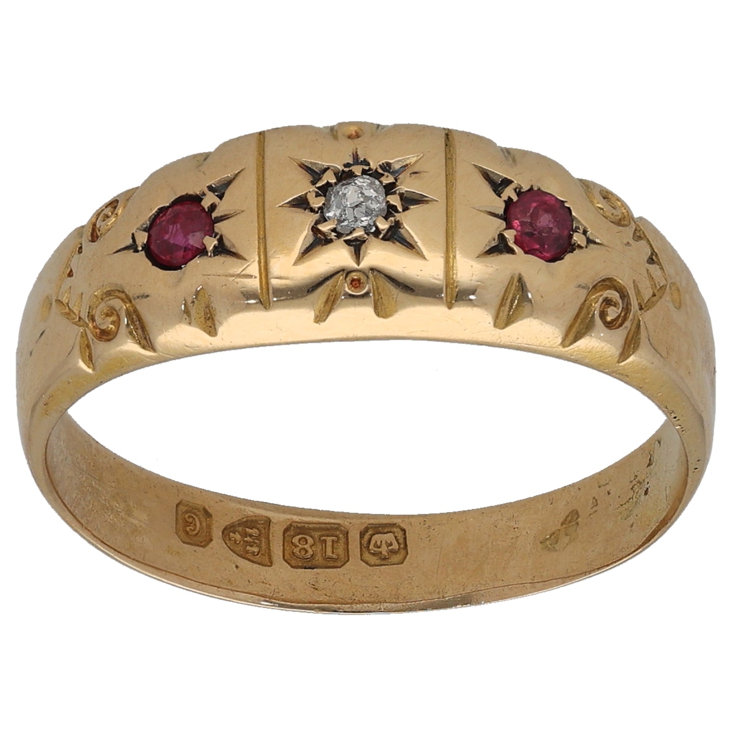 18ct Gold Ruby & 0.02ct Diamond Trilogy Ring Antique & Vintage Size P
