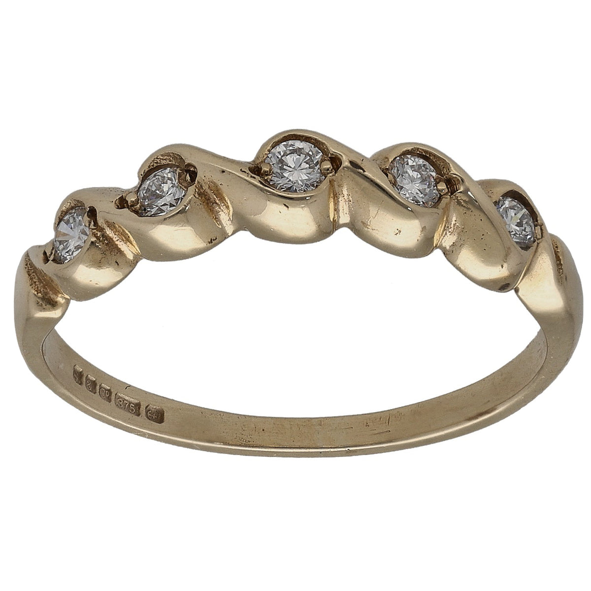 Gold half eternity ring with round diamond settings, curved band and scalloped edge