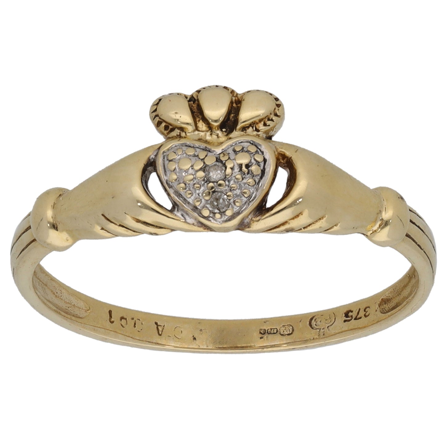 9ct Gold 0.01ct Diamond Claddagh Ring Size Q