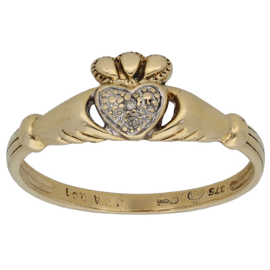 9ct Gold 0.01ct Diamond Claddagh Ring Size Q