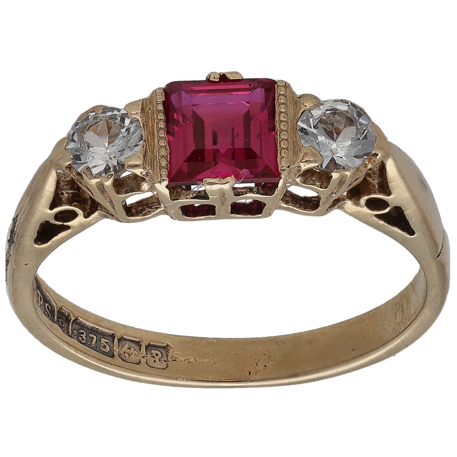Gold single-stone ring with square red center and two clear round accents