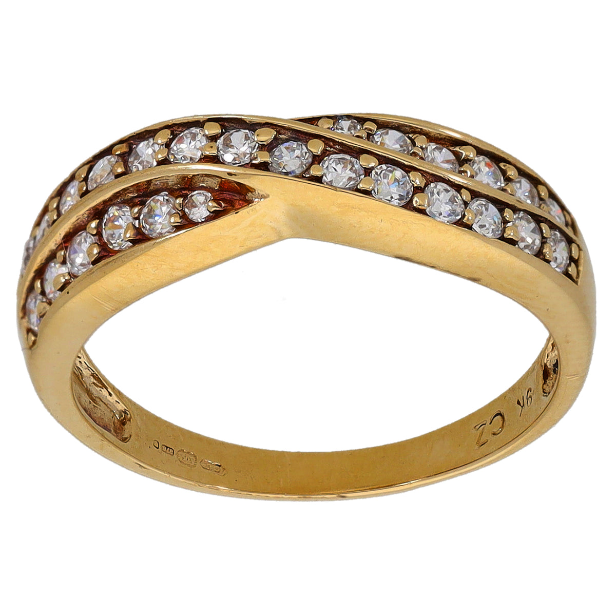 Gold half-eternity CZ ring, faceted stones across the top band