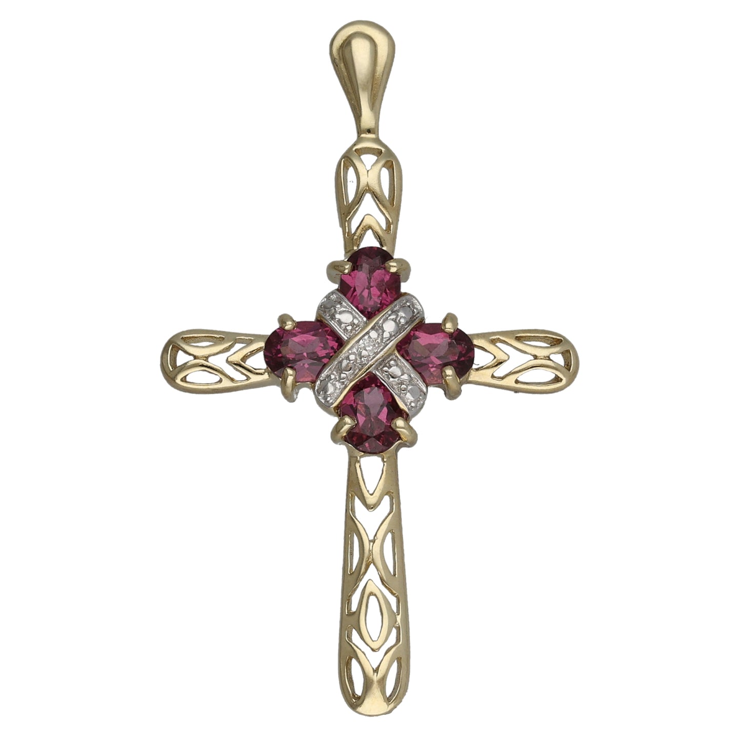 9ct Gold Garnet & 0.005ct Diamond Cross Pendant