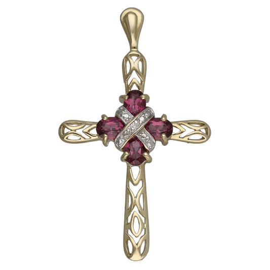 9ct Gold Garnet & 0.005ct Diamond Cross Pendant