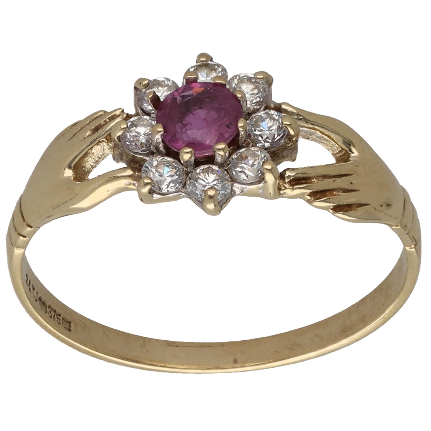 Gold dress ring with oval purple sapphire and round clear CZ stones, size M