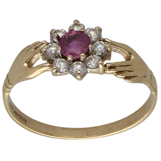 Gold dress ring with oval purple sapphire and round clear CZ stones, size M
