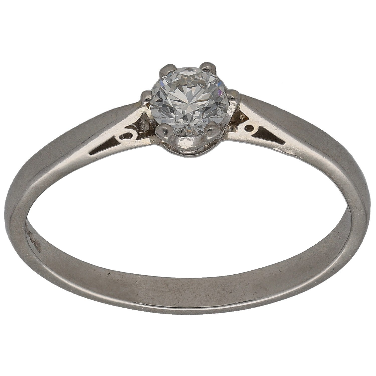 Platinum solitaire ring with round diamond center and openwork side settings