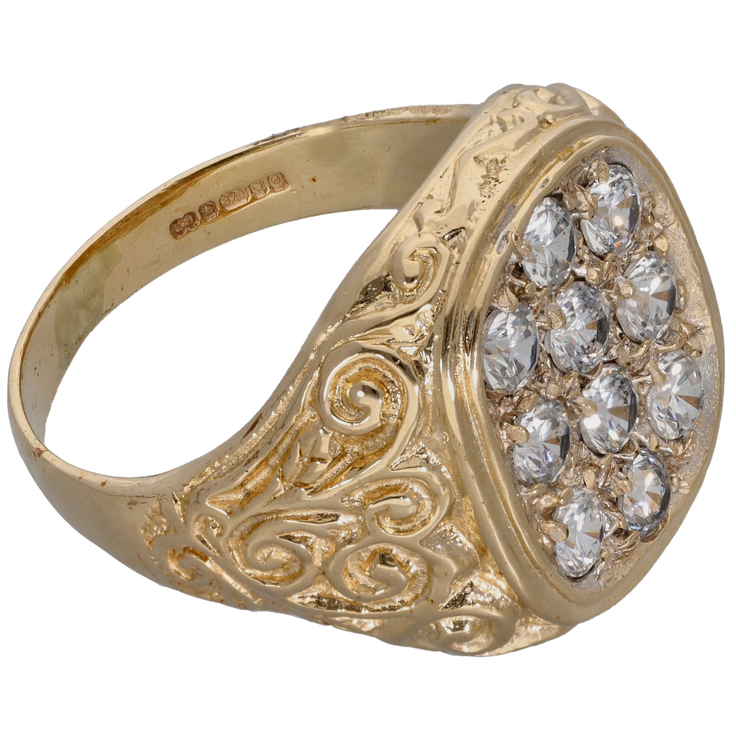 9ct Gold Cubic Zirconia Patterned Signet Ring Size T
