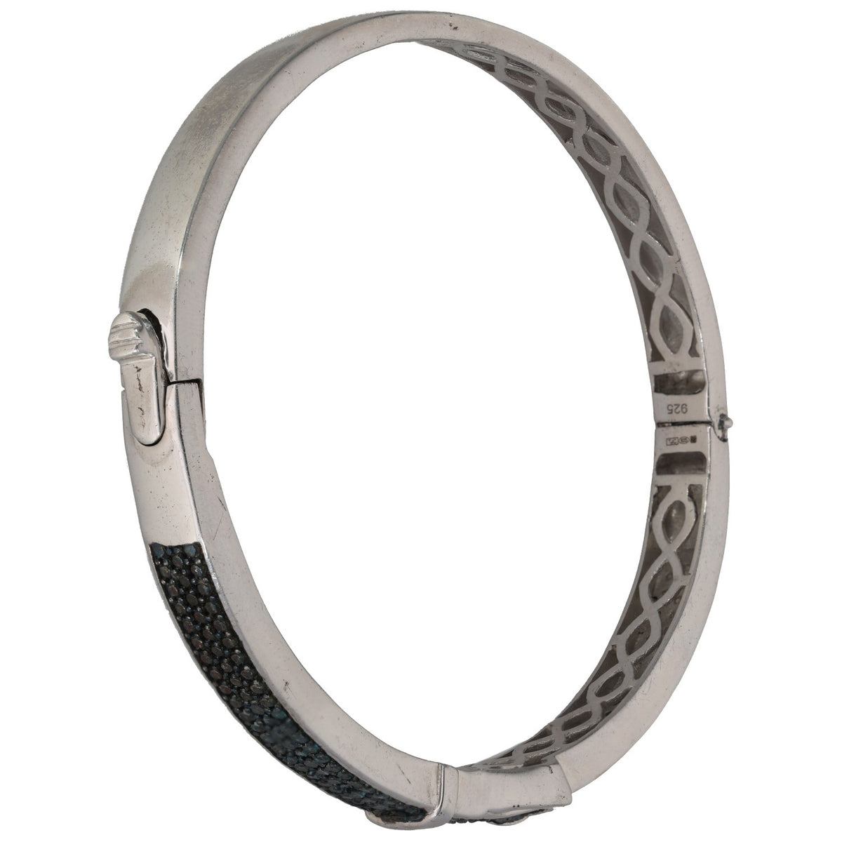 Sterling silver bangle with black pave inlay, hinged clasp detail on end
