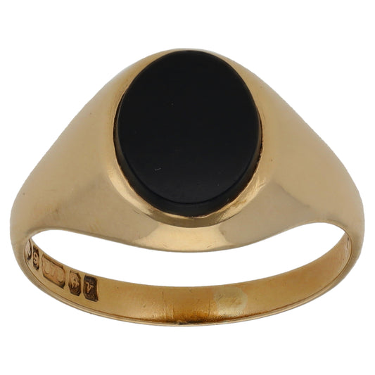 9ct Gold Onyx Single Stone Patterned Signet Ring Size N