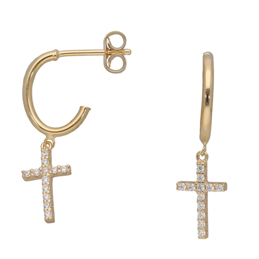 New 9ct Gold Cubic Zirconia Cross Drop Earrings