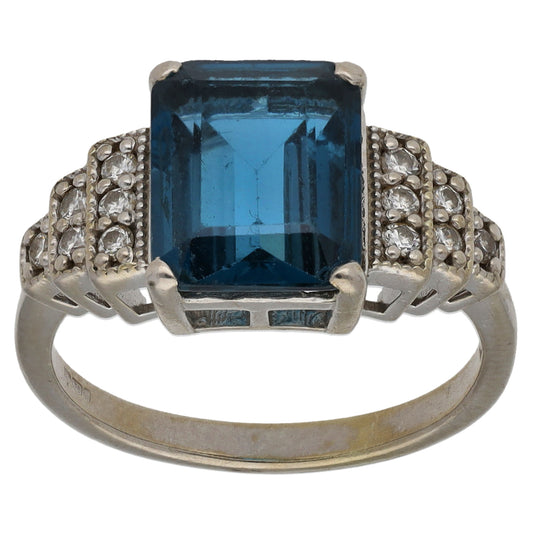 9ct White Gold Topaz & 0.12ct Diamond Dress/Cocktail Ring Size M