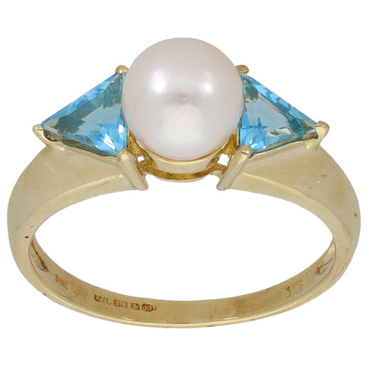 9ct Gold Cultured Pearl & Topaz Trilogy Ring Size P 1/2