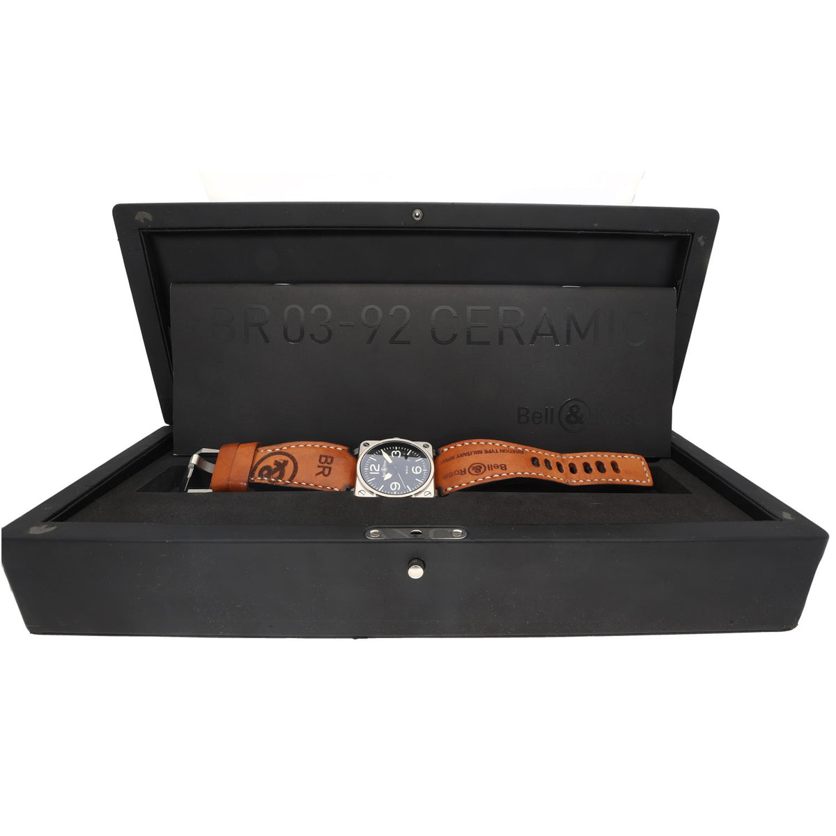 Bell & Ross BR03 BR03-92, black dial inside stainless steel case with adjustable brown leather strap, in manufacturer box