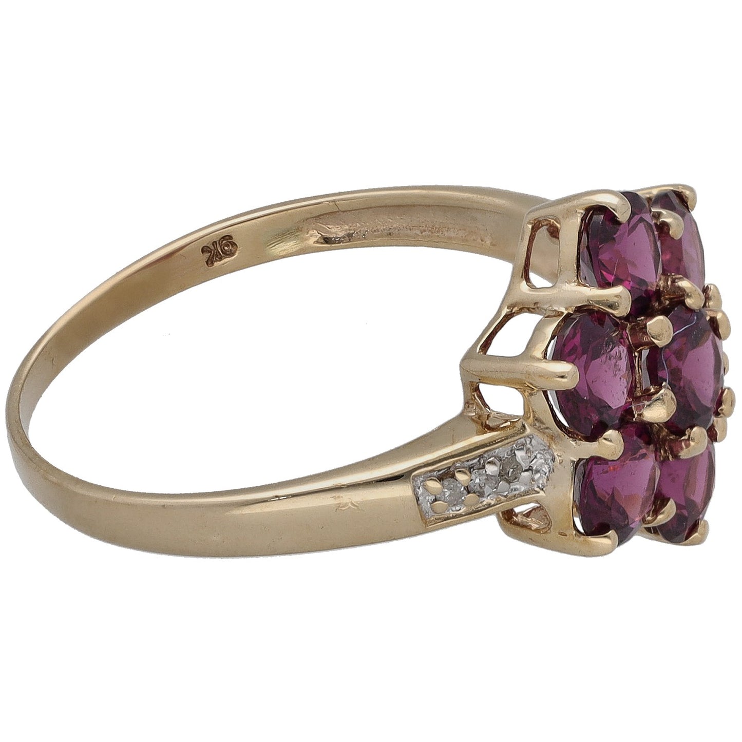 Yellow gold ring with maroon garnet side cluster and diamond accents on band