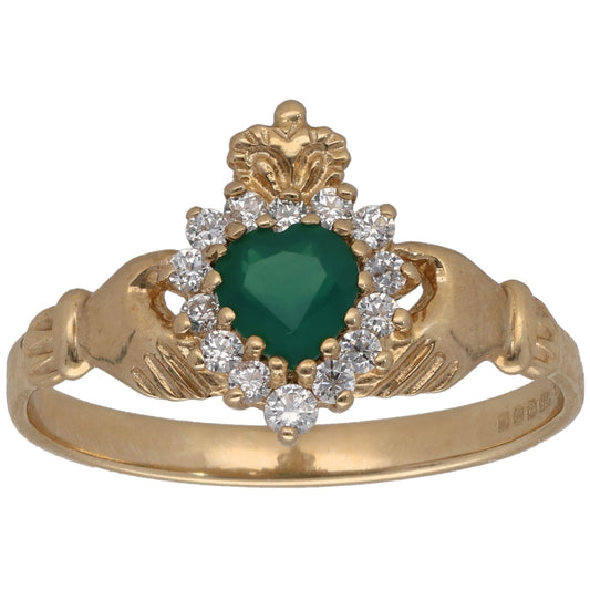 9ct gold ring with green agate center and clear CZ halo, size S