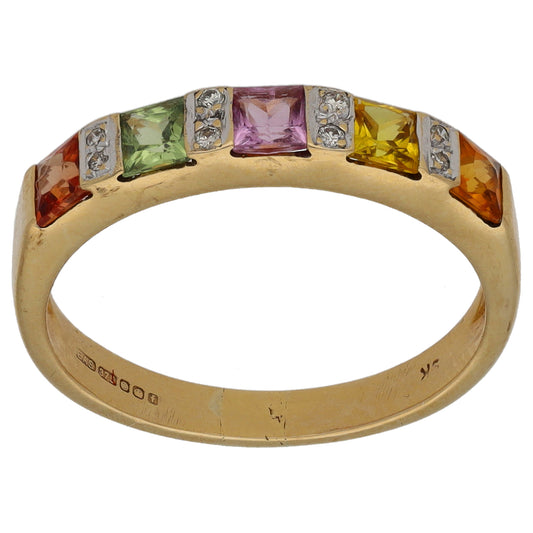 9ct Gold 0.04ct Diamond & Multi-Coloured Sapphire Half Eternity Ring Size O
