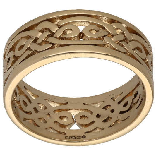 9ct gold wedding ring with raised patterned bands and cutout motifs