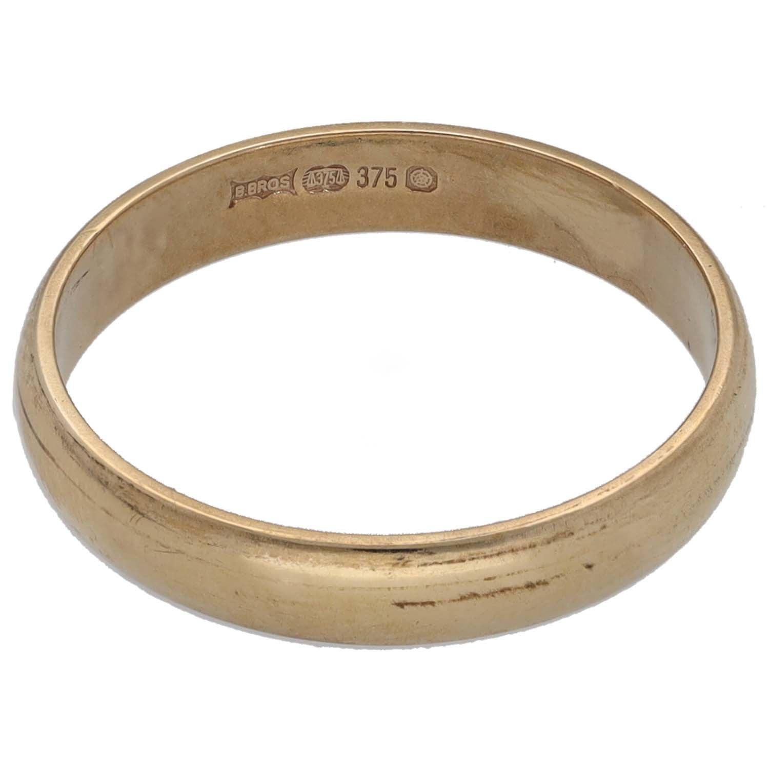 9ct gold wedding ring with hallmarks on inner band, smooth finish