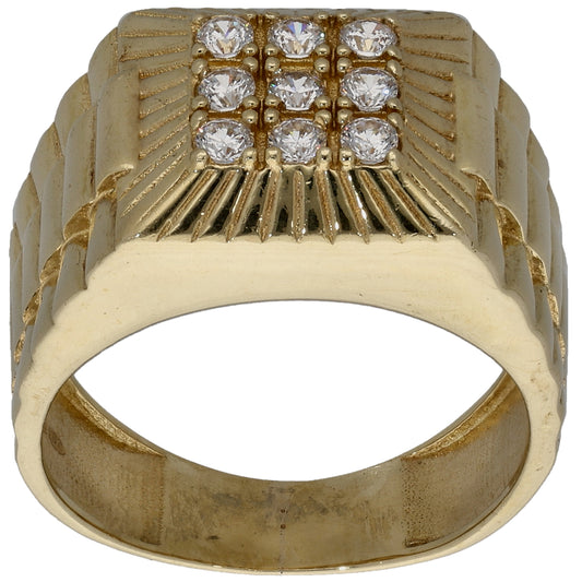 9ct Gold Cubic Zirconia Patterned Signet Ring Size O