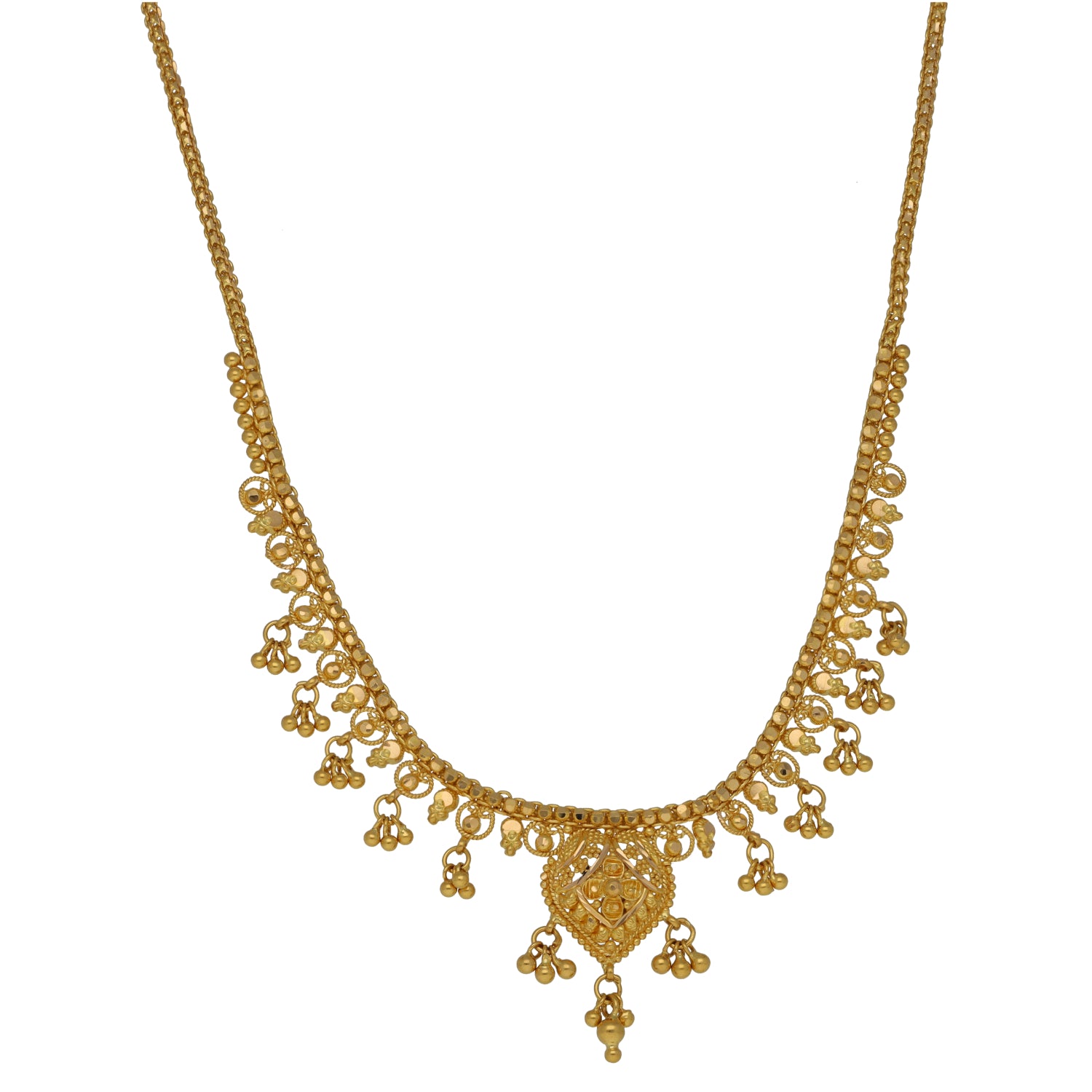 Gold fancy necklace with heart charm pendant and dangling bead drops