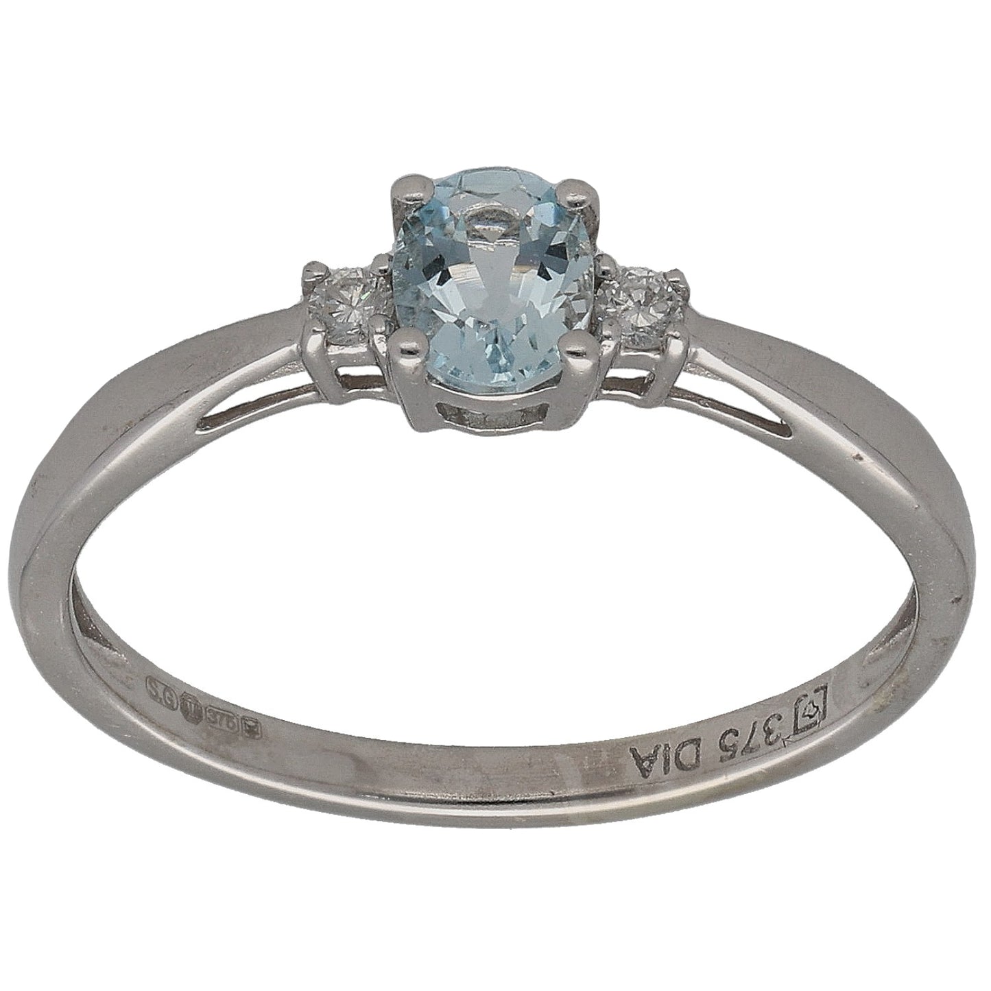 9ct White Gold Aquamarine & 0.04ct Diamond Trilogy Ring Size N