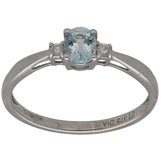 9ct White Gold Aquamarine & 0.04ct Diamond Trilogy Ring Size N