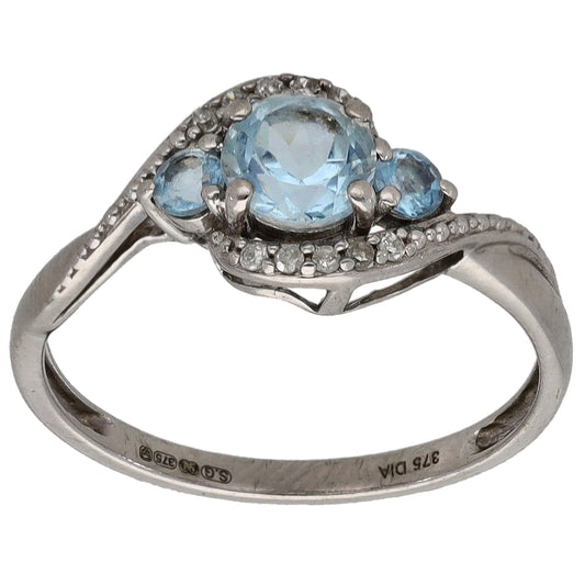 9ct White Gold Aquamarine & 0.05ct Diamond Dress/Cocktail Ring Size L