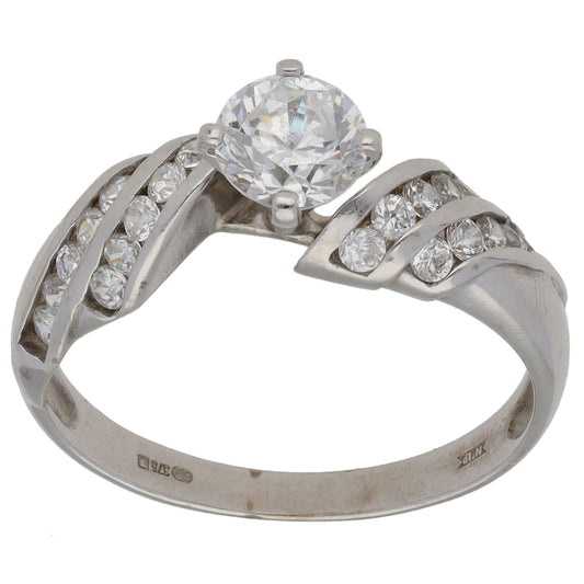 9ct White Gold Cubic Zirconia Single Stone Ring with Accent Stones Size O