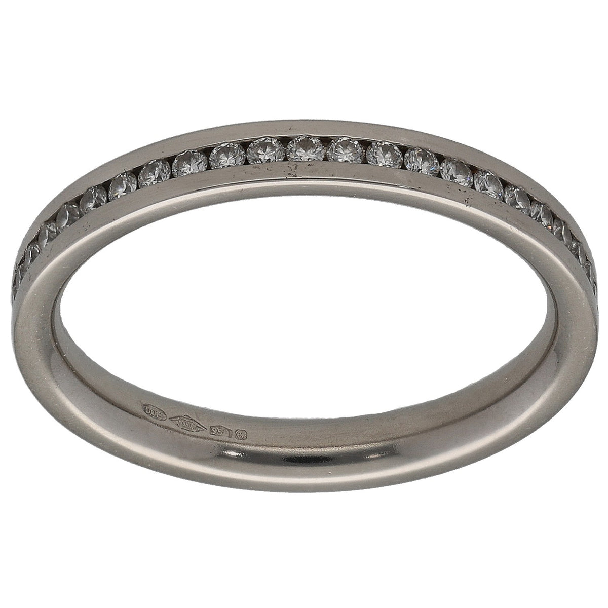 Platinum half-eternity ring with round-cut diamonds along the top half