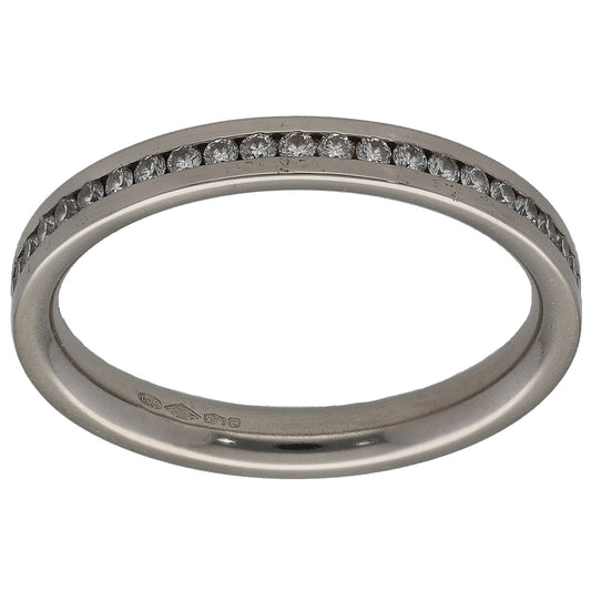 Platinum half-eternity ring with round-cut diamonds along the top half