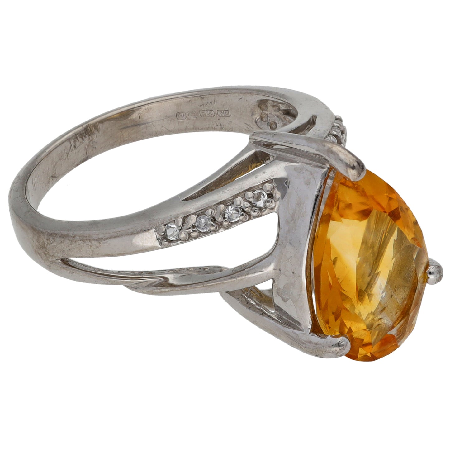 9ct White Gold Citrine & Imitation Gems Dress/Cocktail Ring Size M