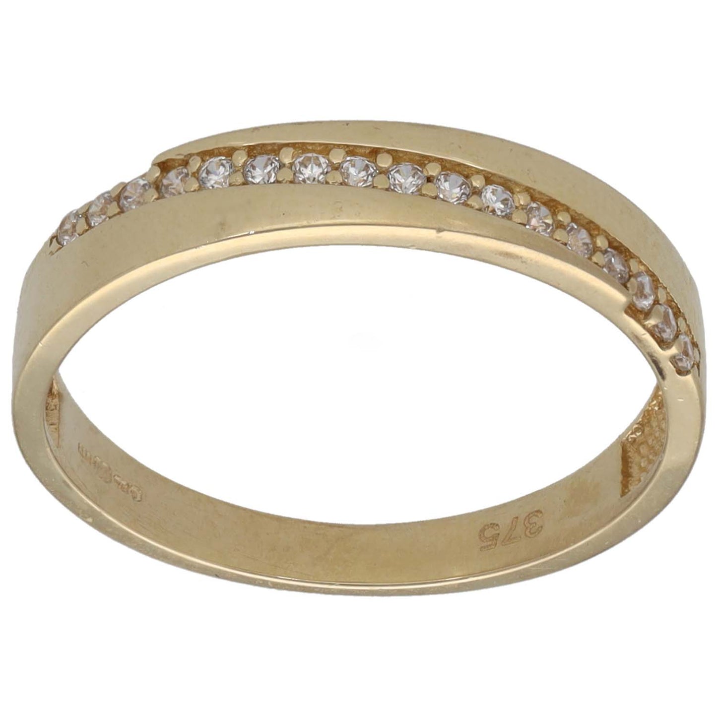 Gold CZ half-eternity ring with clear stones, smooth band and curved profile