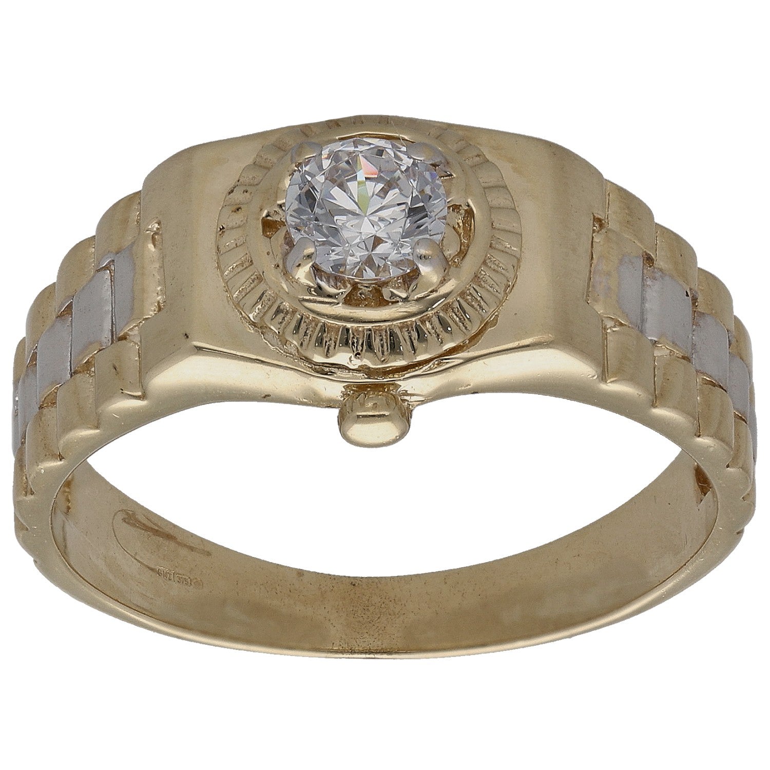 Gold-tone ring with round CZ center stone and halo detail on the band