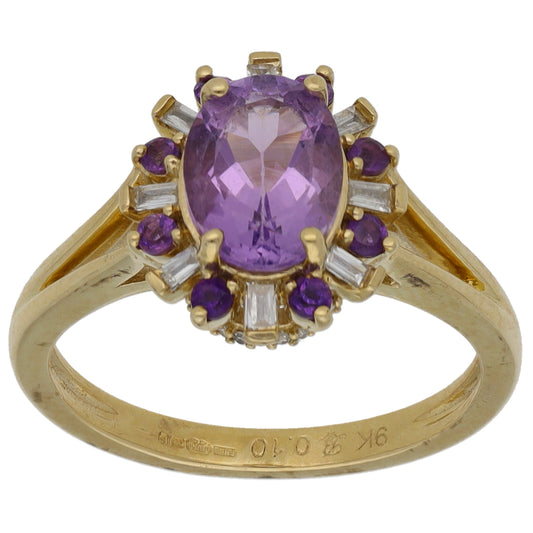 9ct Gold Amethyst & 0.10ct Diamond Dress/Cocktail Ring Size K