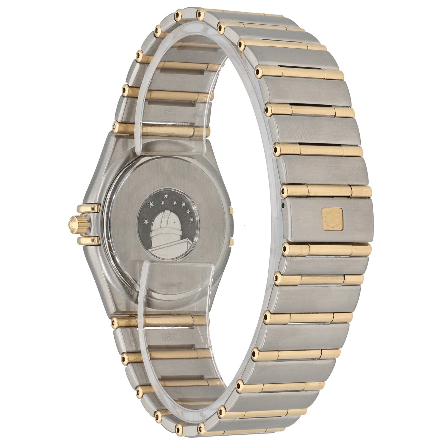 Omega Constellation 1212.30.00,with a gold and stainless steel bezel and bracelet, rear angle