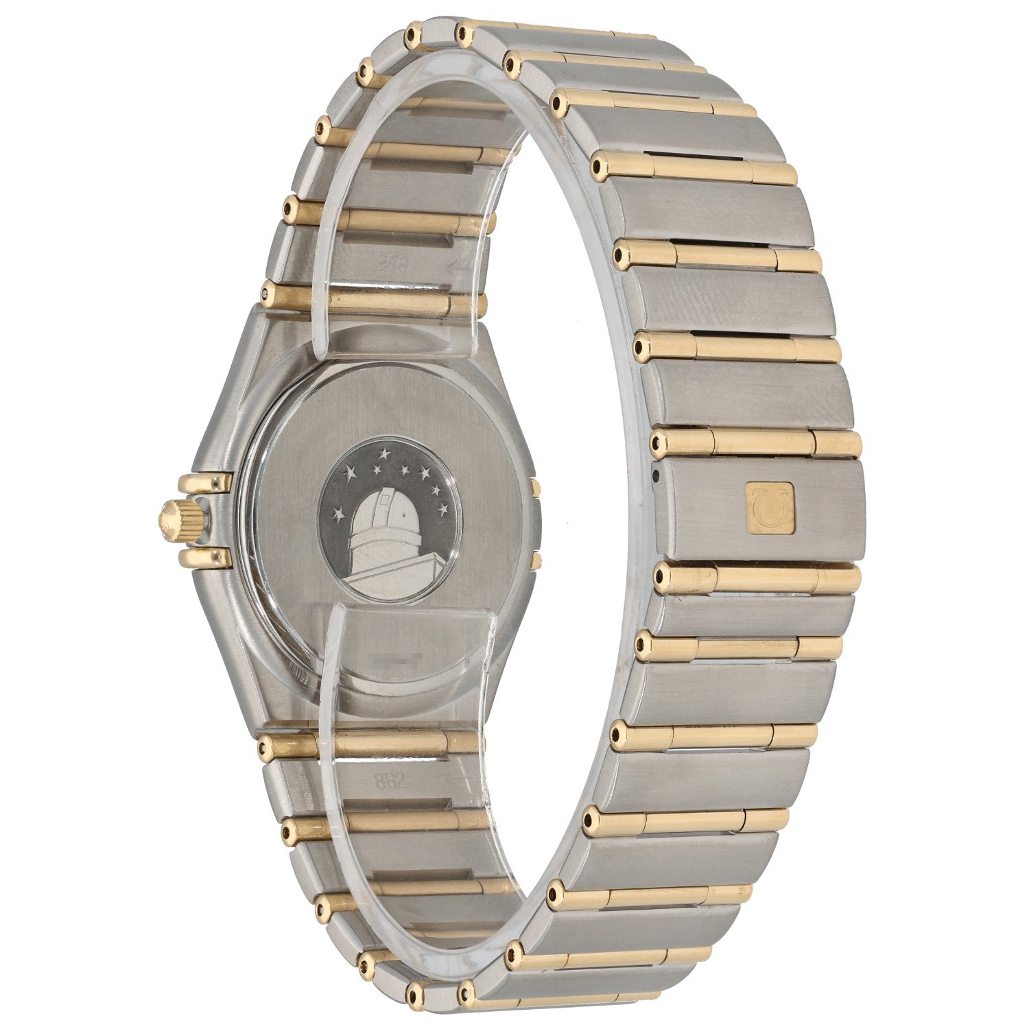 Omega Constellation 1212.30.00,with a gold and stainless steel bezel and bracelet, rear angle