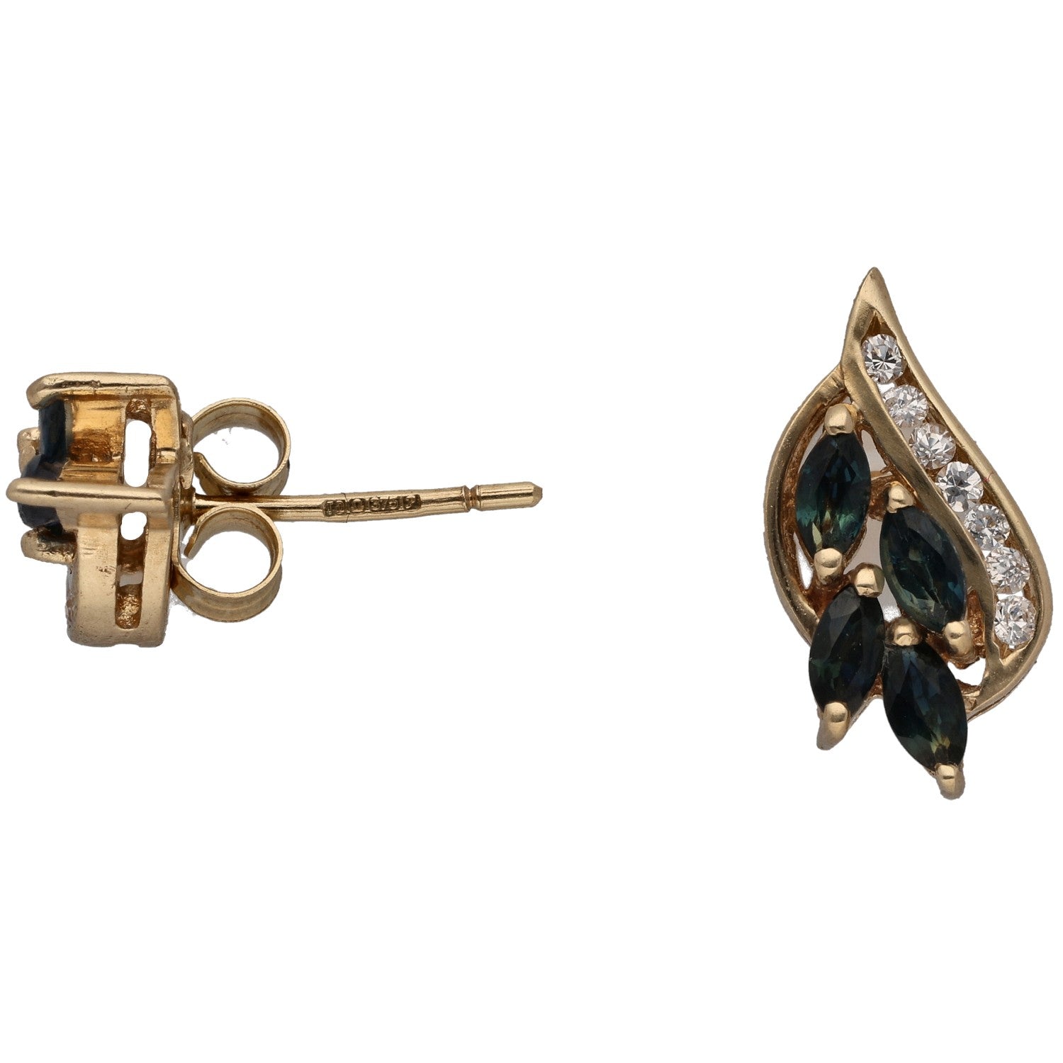 Gold-tone stud earrings with dark oval marquise stone and white crystal accents