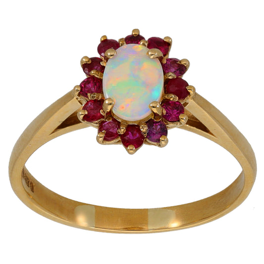 9ct gold opal and ruby cocktail ring with oval opal center and red ruby halo