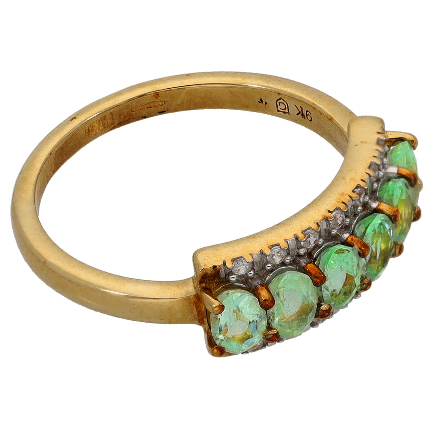 9ct gold cocktail ring with green oval stones and amber-toned accents, prong-set