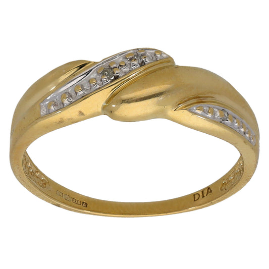 9ct gold round channel-set ring with small clear stones on a polished yellow band