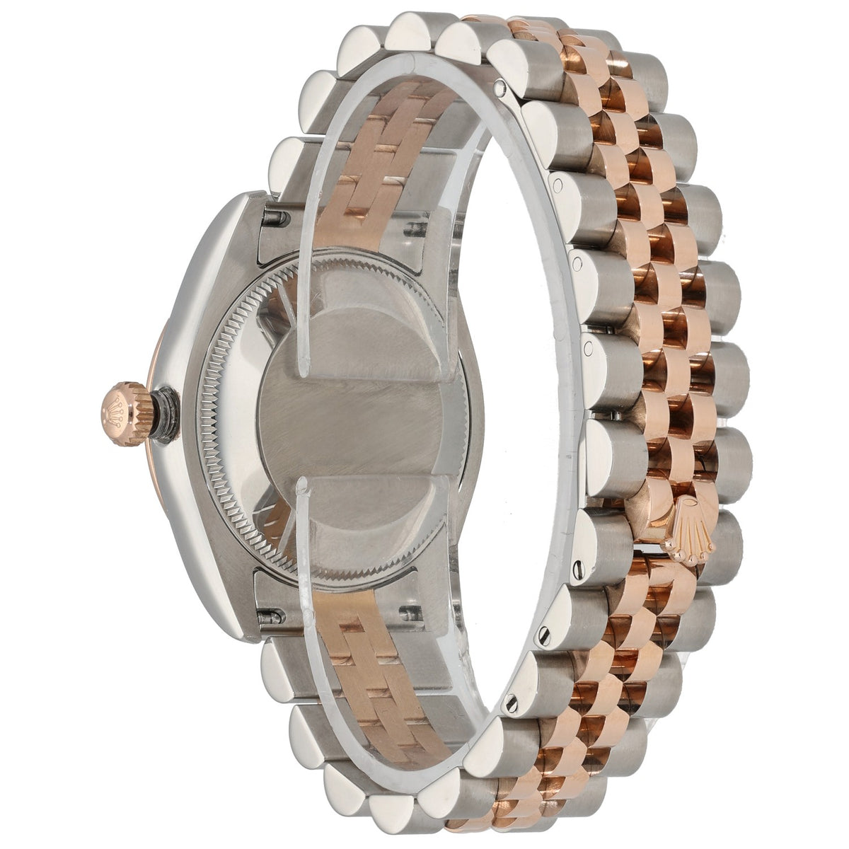 Rolex Datejust 178271 bi-color watch case back view with rose-gold crown and metal bracelet